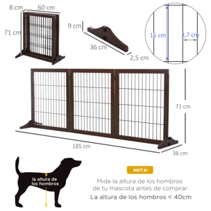 Barrera para Perros de 3 Paneles Barrera de Seguridad para Perros con Estructura de Madera y Patas de Apoyo para Pasillo Escalera 185x36x71 cm Marrón