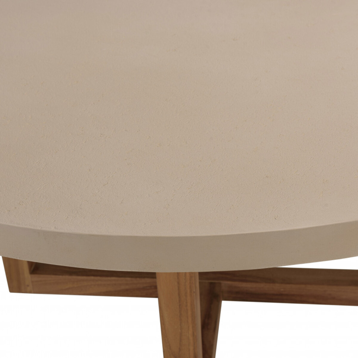 ERIS - Table basse ronde 92x92cm en béton beige pieds croisés en teck