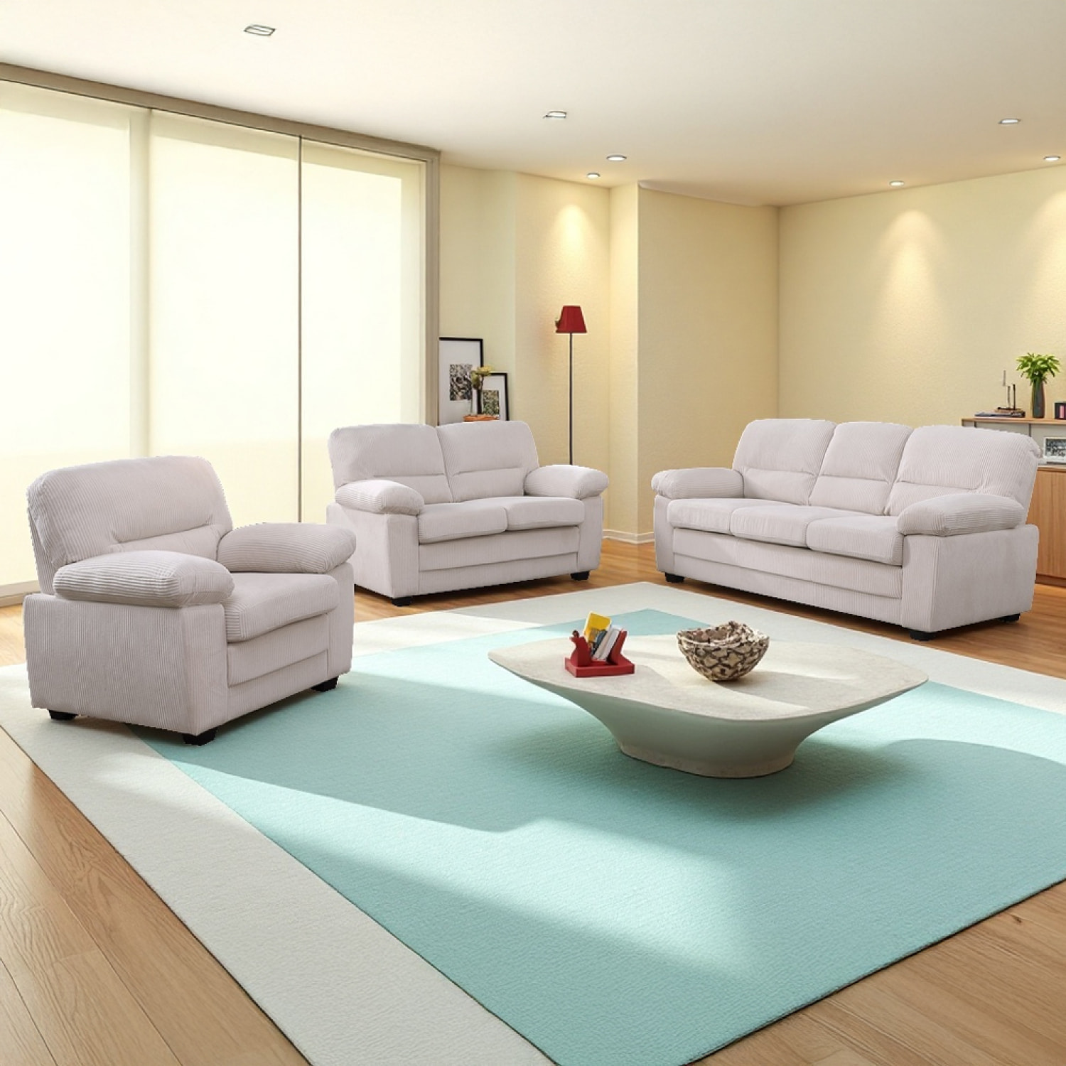 MATHEW Ensemble canapé 3 places + 2 places + fauteuil en velours côtelé beige