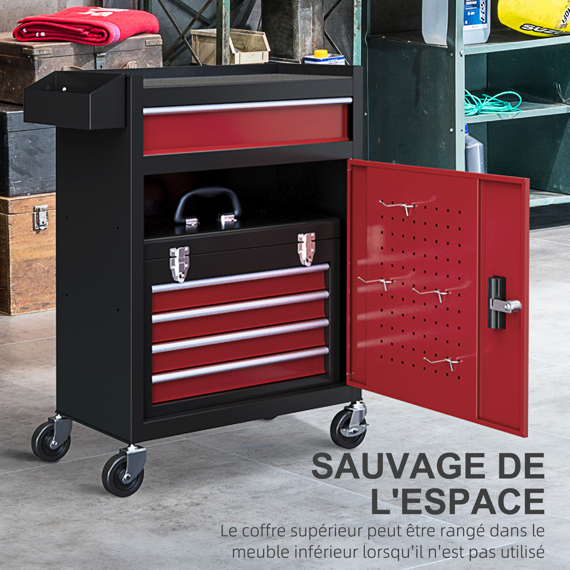 Servante d'atelier -  chariot d'atelier d'outillage - 5 tiroirs, porte verrouillable - caisse à outils amovible - acier rouge noir