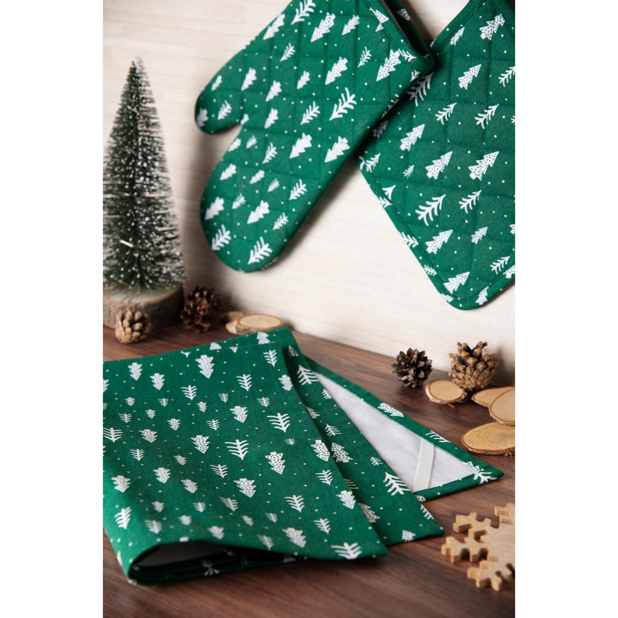 Set torchon avec manique et gant de cuisine Excelsa – Green Winter, Coton Vert