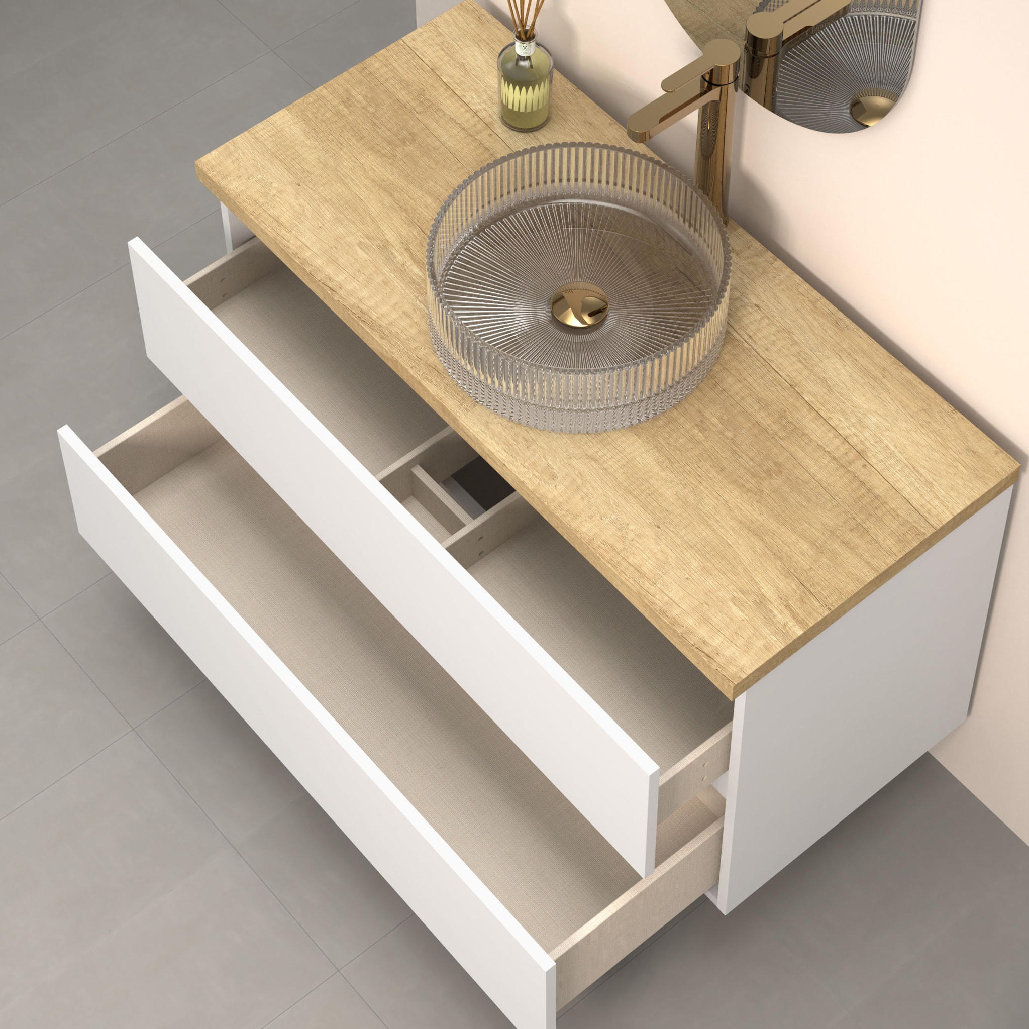 Conjunto de Baño Kub | 100 cm Blanco | Dos Cajones | Lavabo de Cristal | No incluye Espejo | Mueble Montado | Alday
