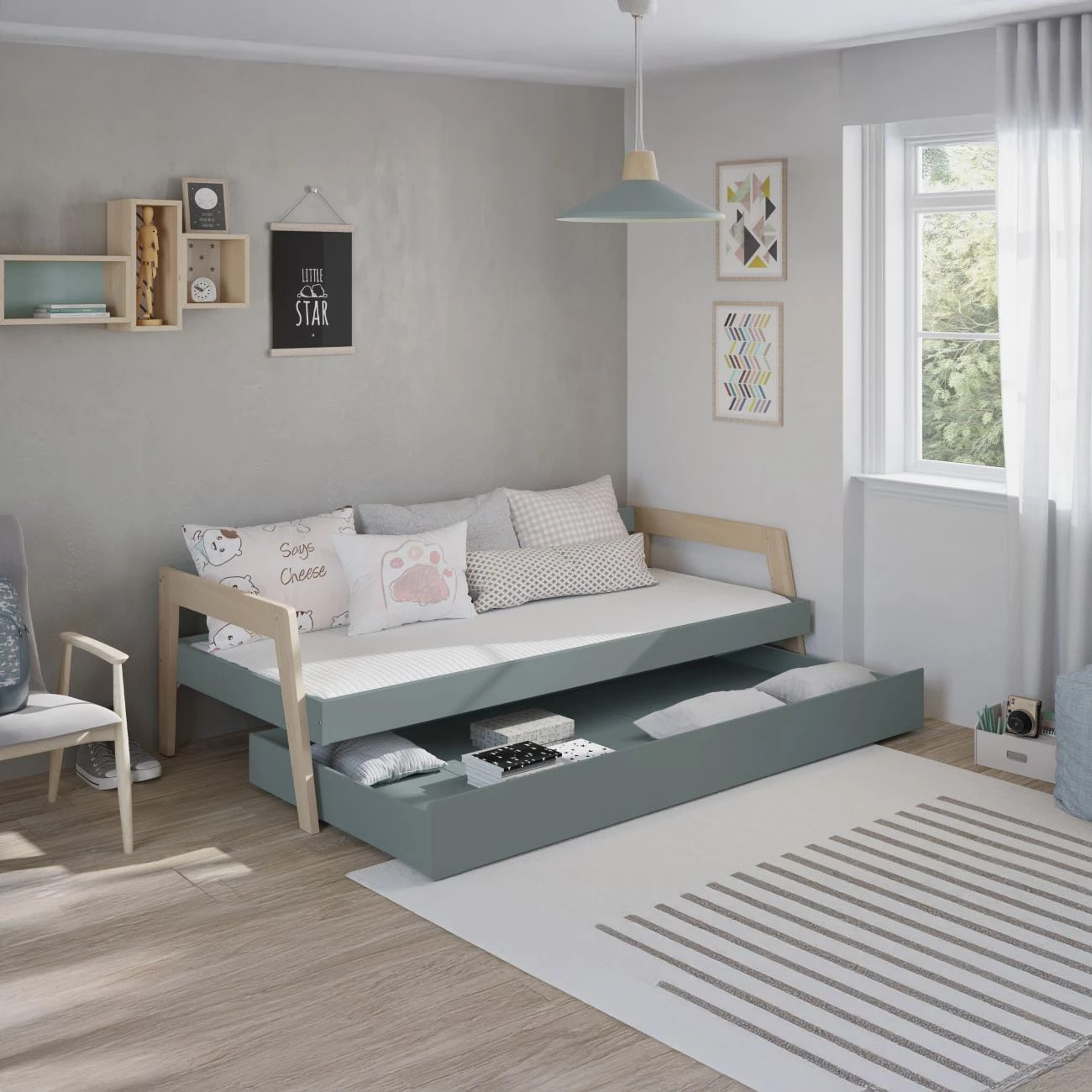 Cama doble juvenil Misty Haze Verde Salvia - Oak Soft
