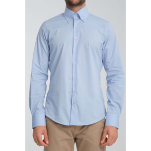 Camicia Uomo 2 Bottoni Button Down Slim Popeline Stretch Unito Celeste