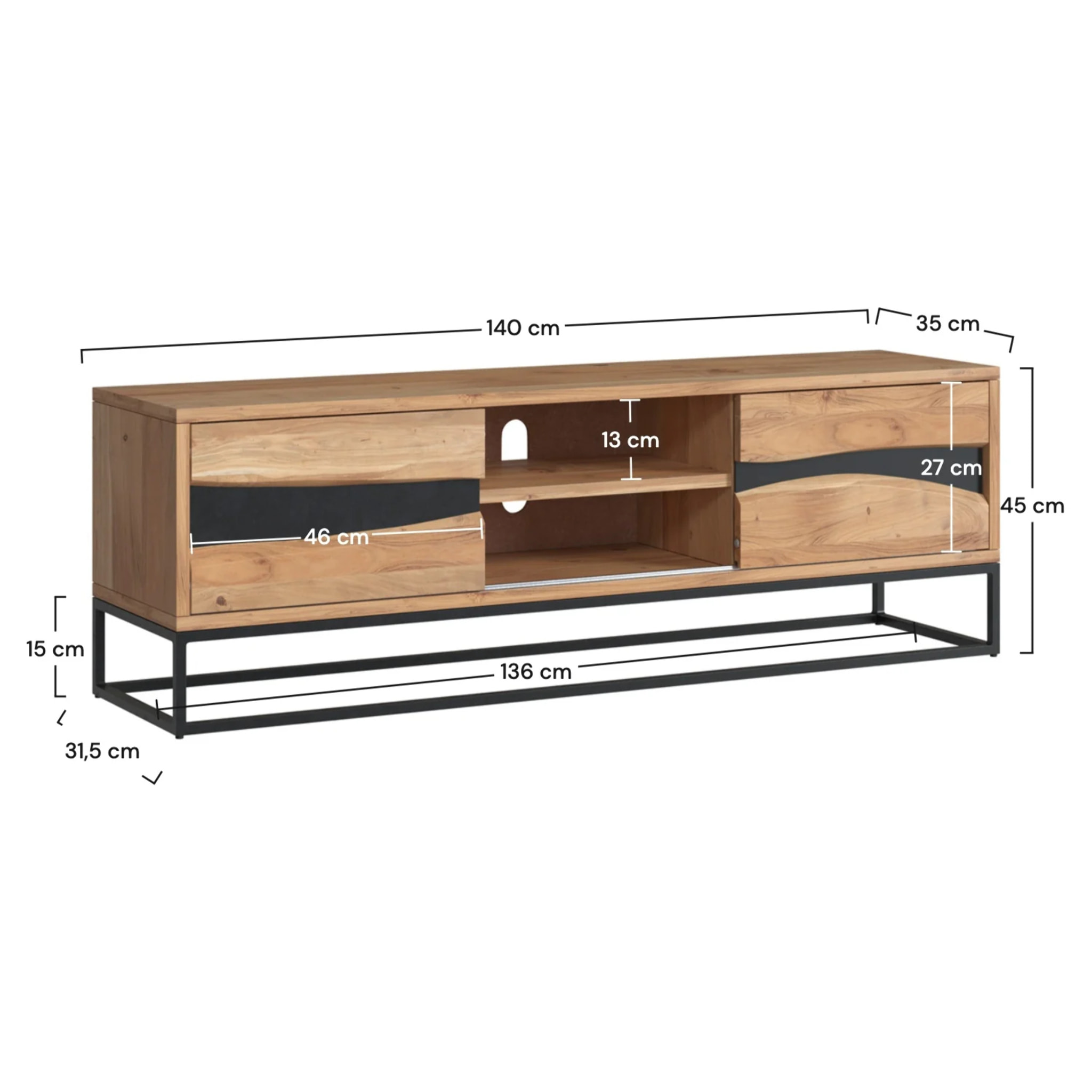 Meuble TV en bois d'acacia massif et métal 140 cm - Alabama