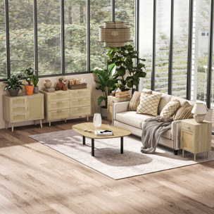 Buffet 3 tiroirs porte étagère style bohème chic cannage rotin panneaux aspect chêne clair