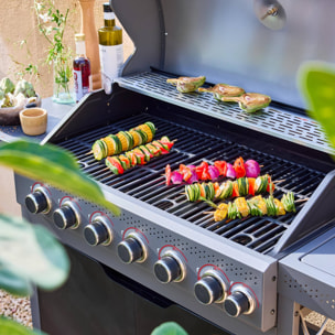 Barbecue au gaz Edmond noir - 6 brûleurs + 1 feu latéral. avec thermomètre. L 132x P62 x H143 cm