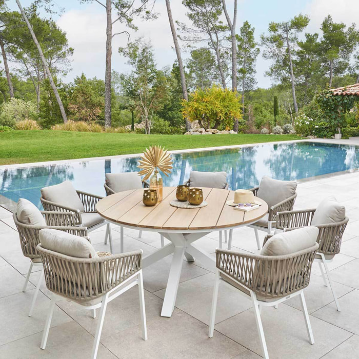 Table de jardin ronde "Oriengo" acacia  & blanc 8 places en aluminium traité époxy