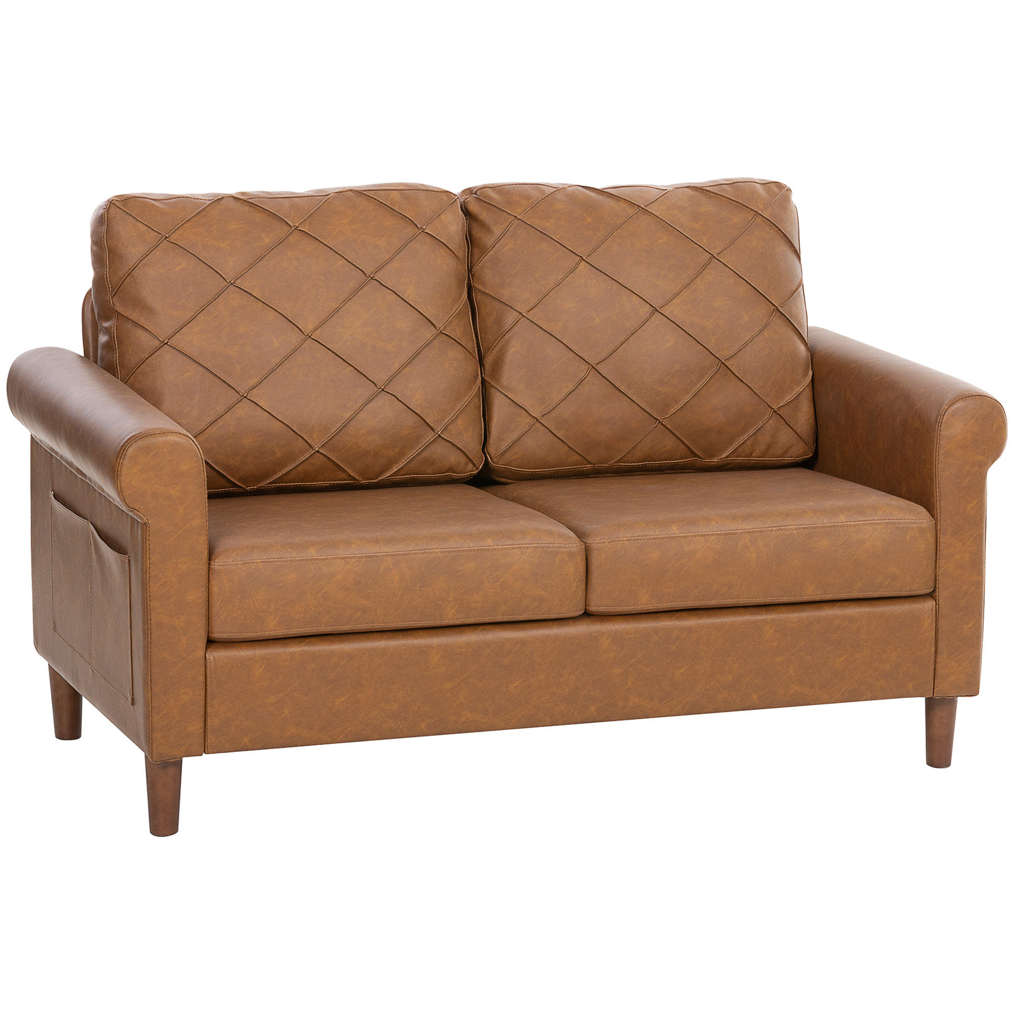 Sofá de 2 Plazas, Sofá Moderno, Tapizado en PU, Cojín Grueso, Respaldo con Costuras, Asiento Amplio, Patas de Madera Maciza para Salón, Dormitorio y Oficina, 134x71x82 cm, Marrón