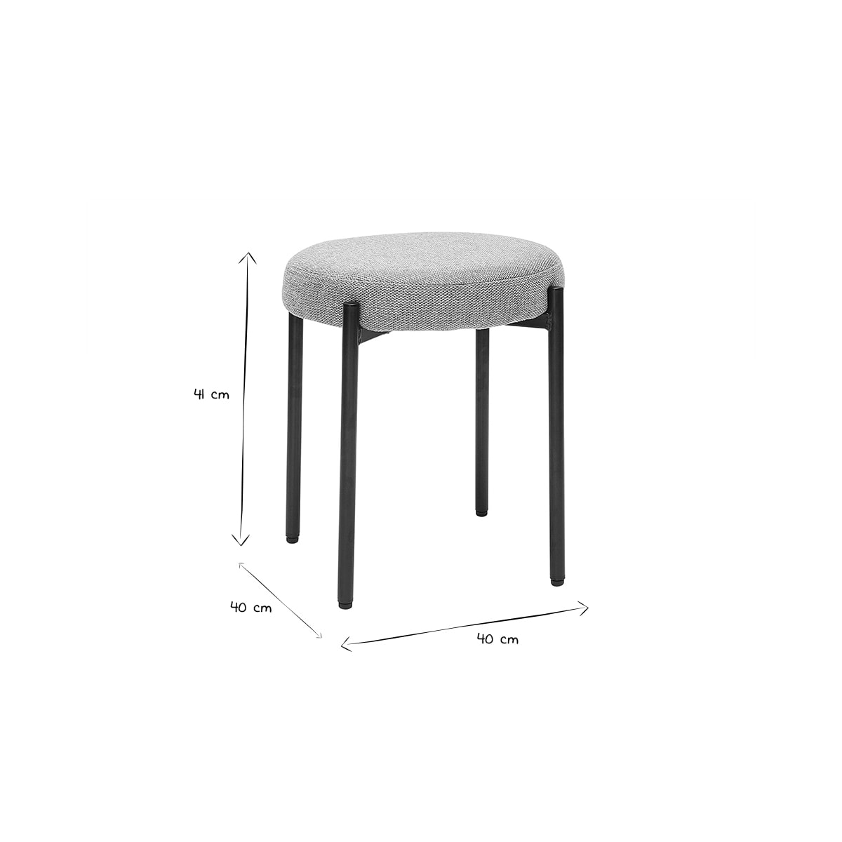 Tabouret bas empilable en tissu effet velours texturé gris clair et métal noir H41 cm KIKO