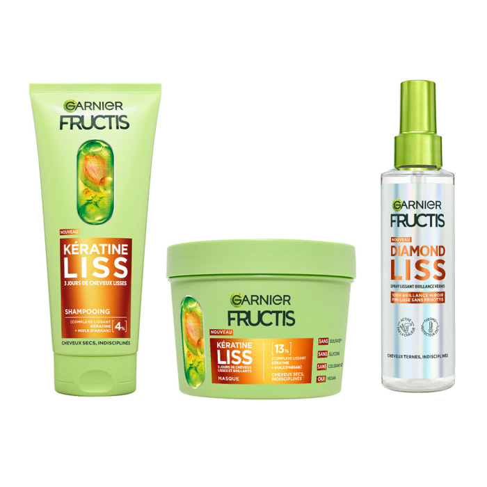Garnier Fructis Kératine Liss Routine Shampooing, Masque et Spray lissant enrichie en kératine végétale et huile d'argan