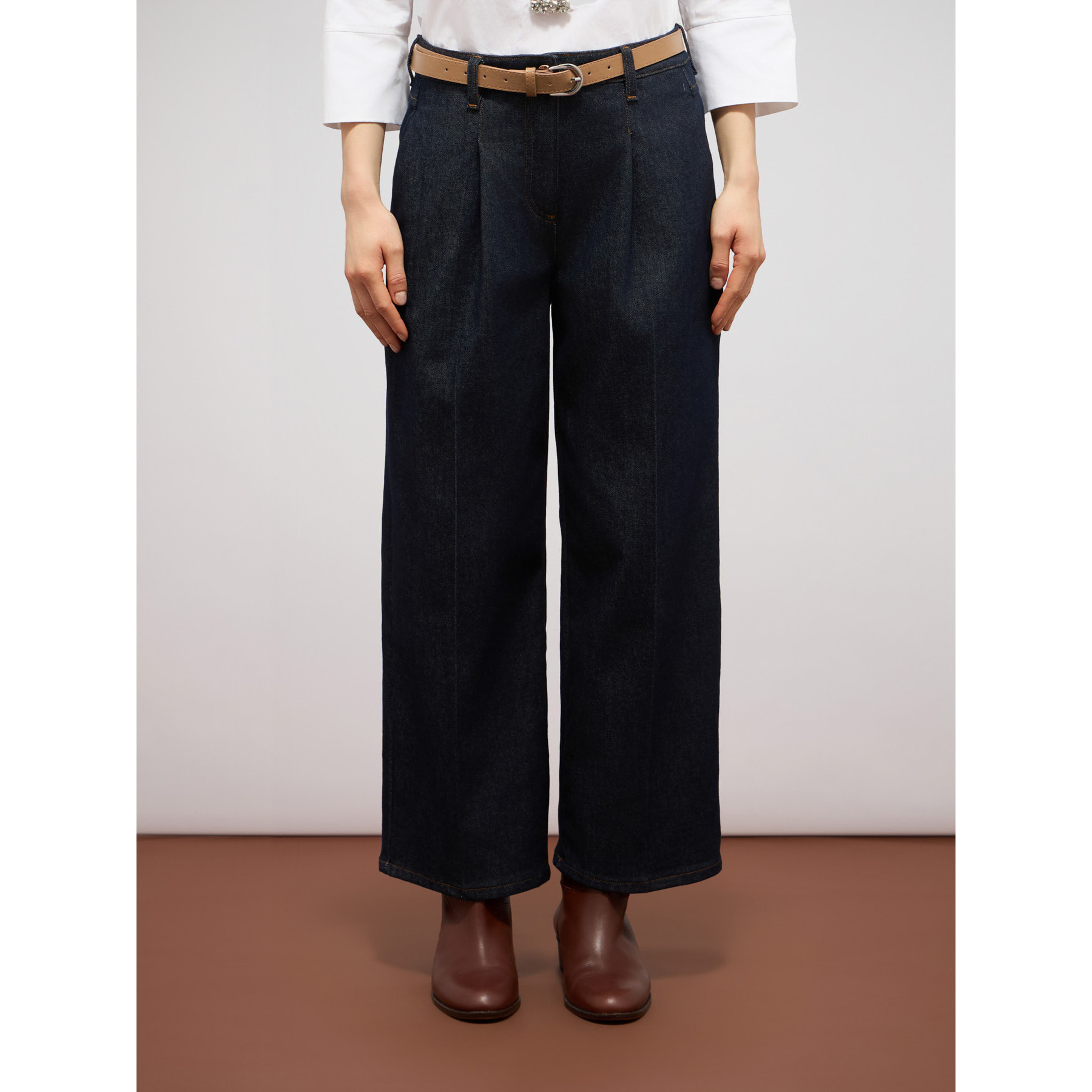 Oltre - Jeans palazzo in denim con pieghe frontali - Blu