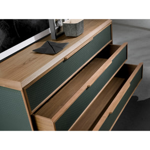 Cómoda con estructura de PVC en verde oscuro y patas de madera chapada en nogal natural 119x46x75cm