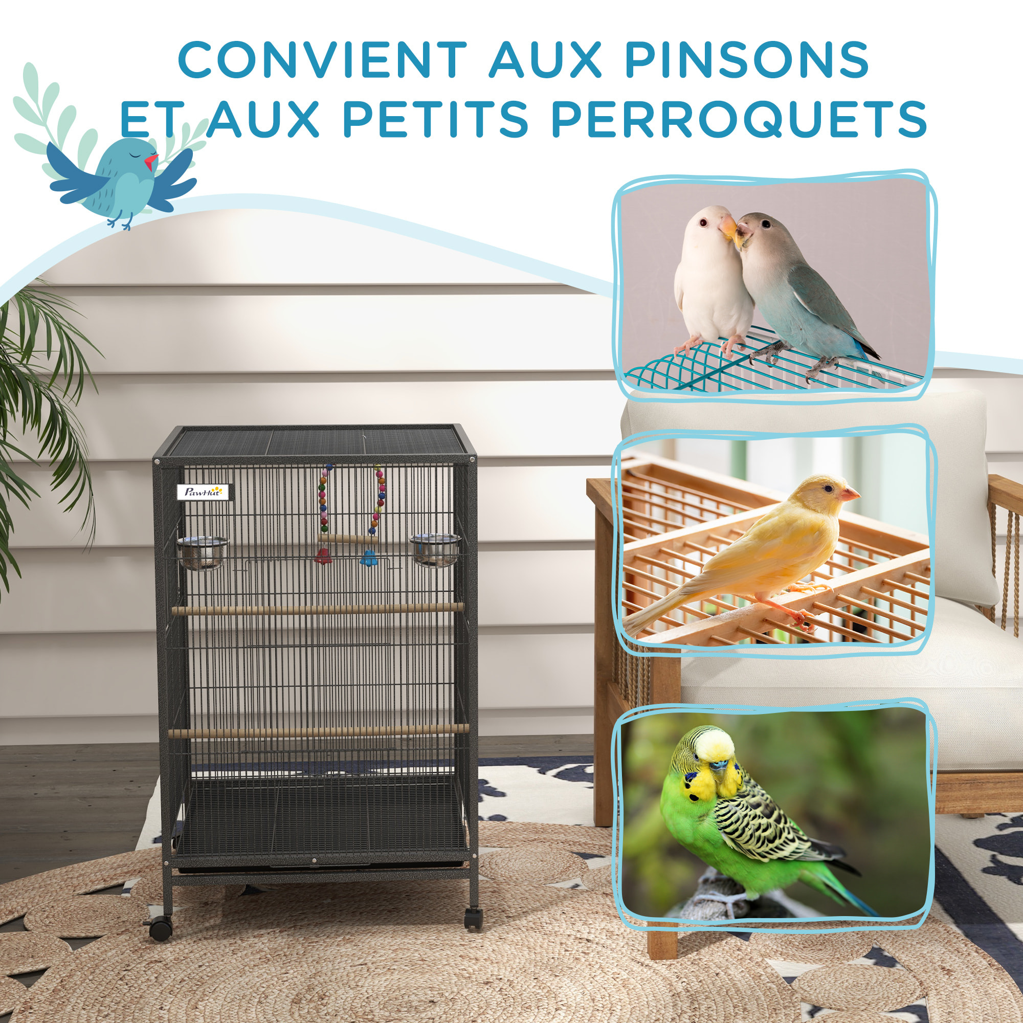 Cage à oiseaux sur roulettes - volière mobile - nombreux accessoires - dim. 48x46x74cm - acier époxy gris noir