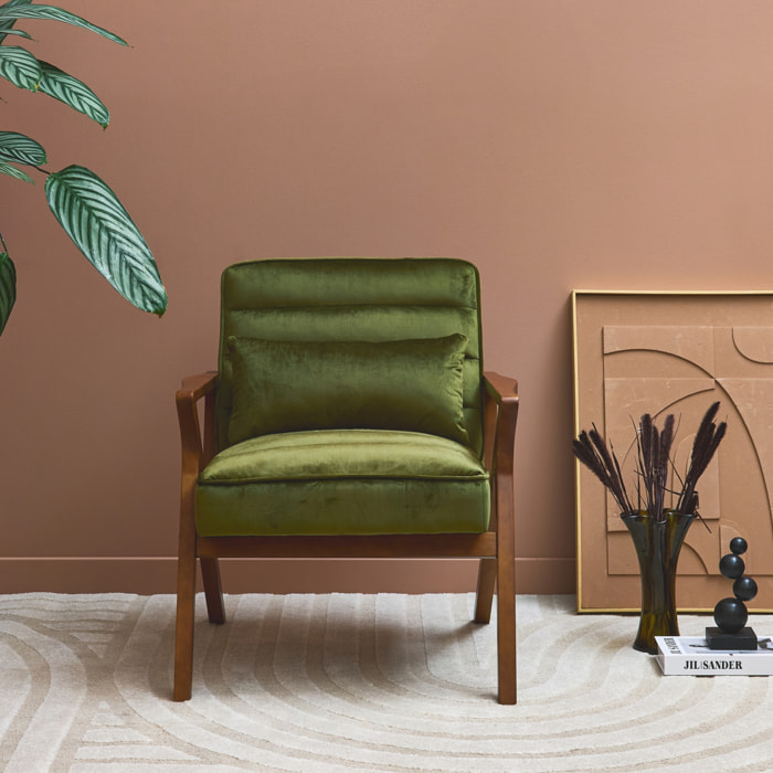 Fauteuil scandinave bois d'hévéa et velours kaki