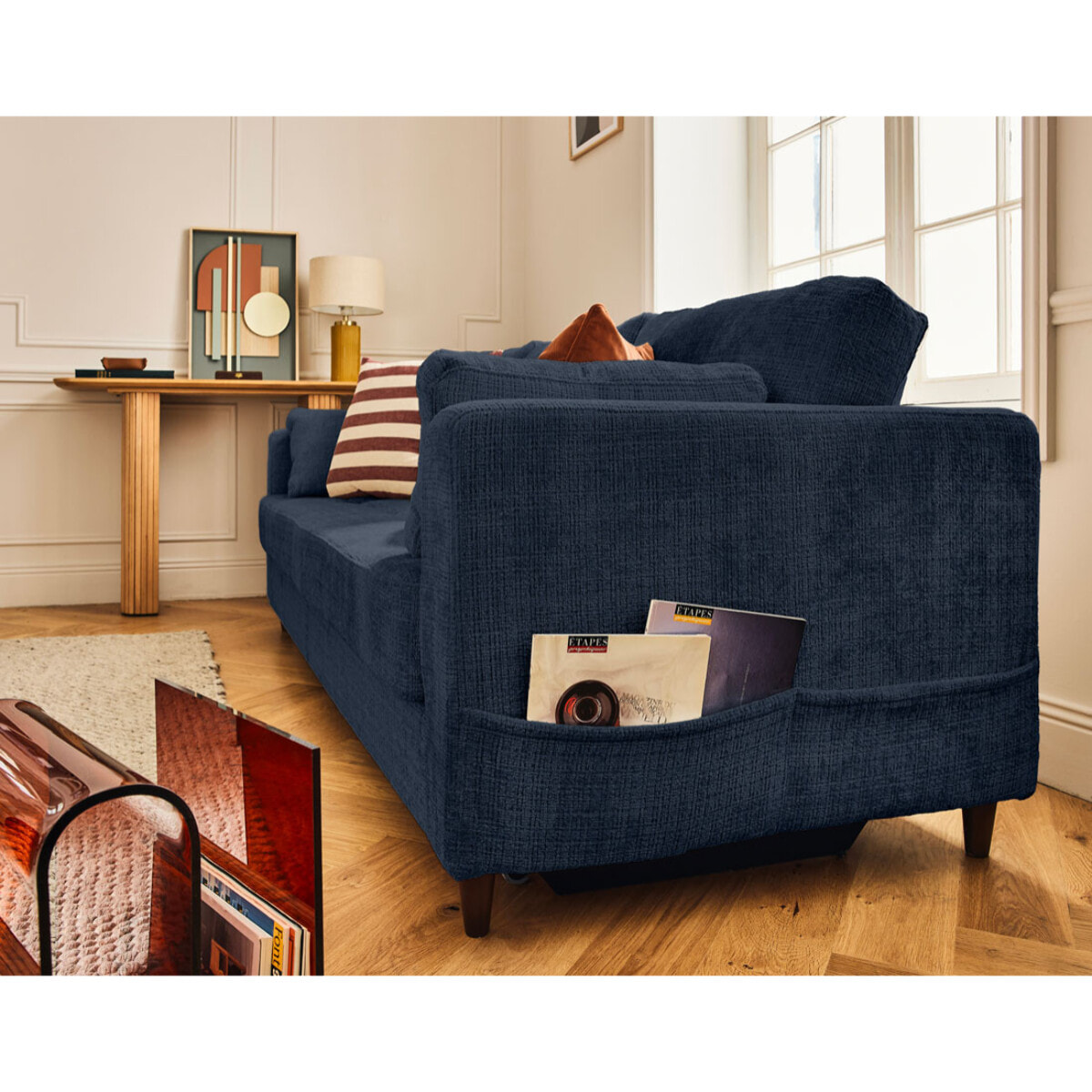 Anna - canapé droit 3 places convertible avec poche en velours texturé - Bleu