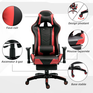 Chaise de bureau gaming style baquet racing pivotant inclinable réglable avec coussins repose-pieds synthétique noir rouge