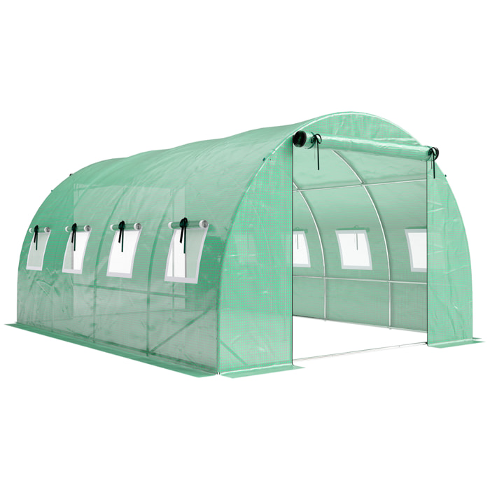 Serre tunnel de jardin - 12 m² - bâche PE 140 g/m² - 2 portes et 8 fenêtres - 295x400x200cm - bâche PE 140 g/m² - vert