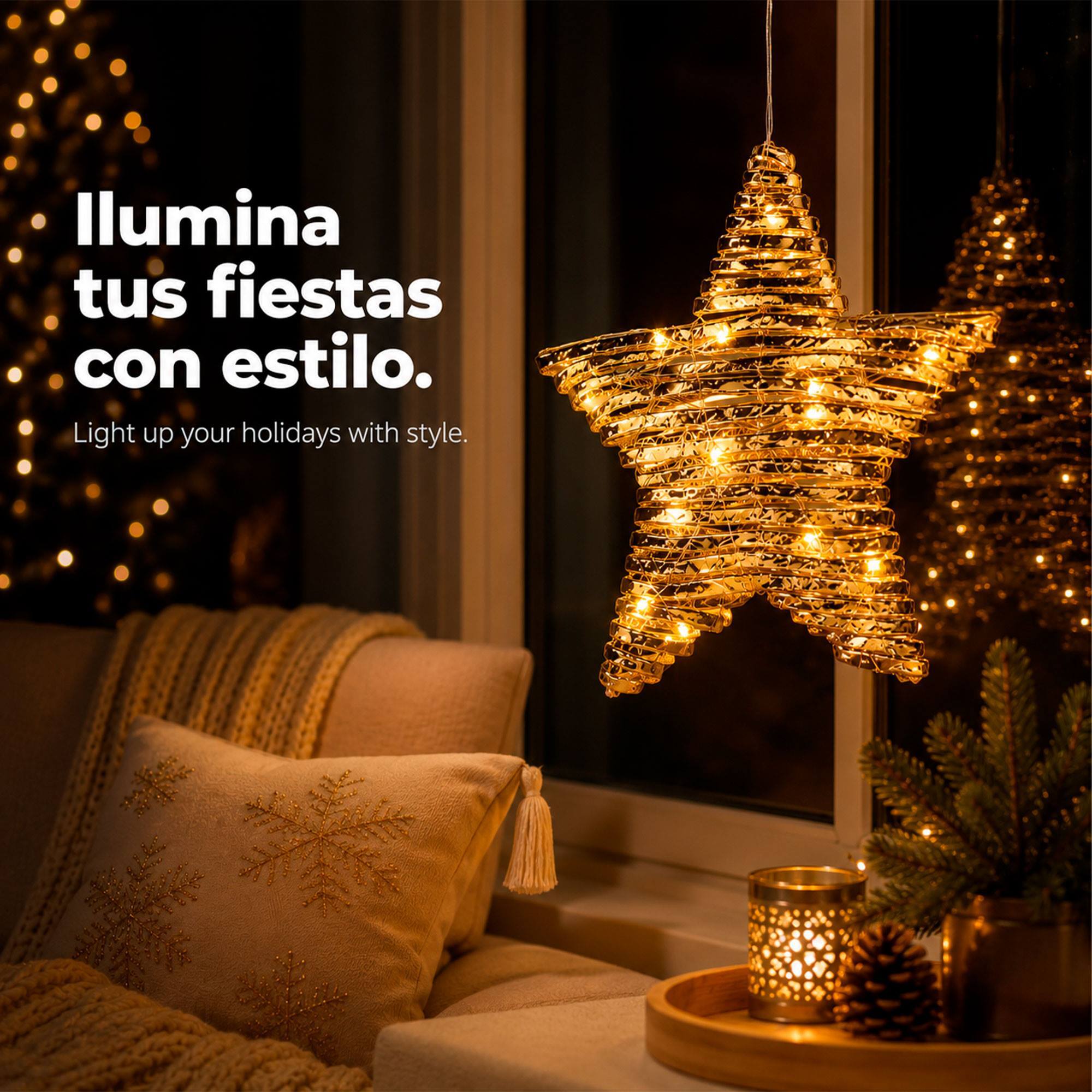 Estrella navideña led dorada para colgar con 20 microled blanco cálido, con temporizador 30x8x30 cm