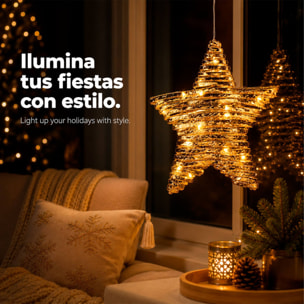 Estrella navideña led dorada para colgar con 20 microled blanco cálido, con temporizador 30x8x30 cm