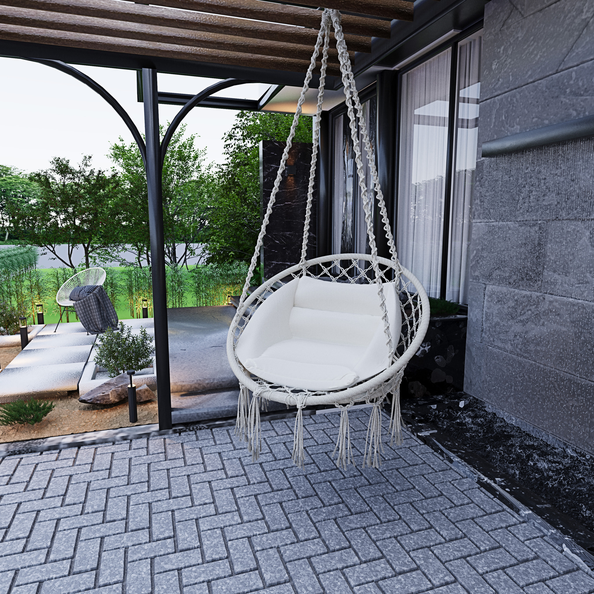 Poltrona Sospesa Pensile Da Giardino Corda In Cotone Effetto Macramè Struttura In Acciaio Cuscino Sedia Dondolo Seduta Imbottita Fino A 160 Kg Beige
