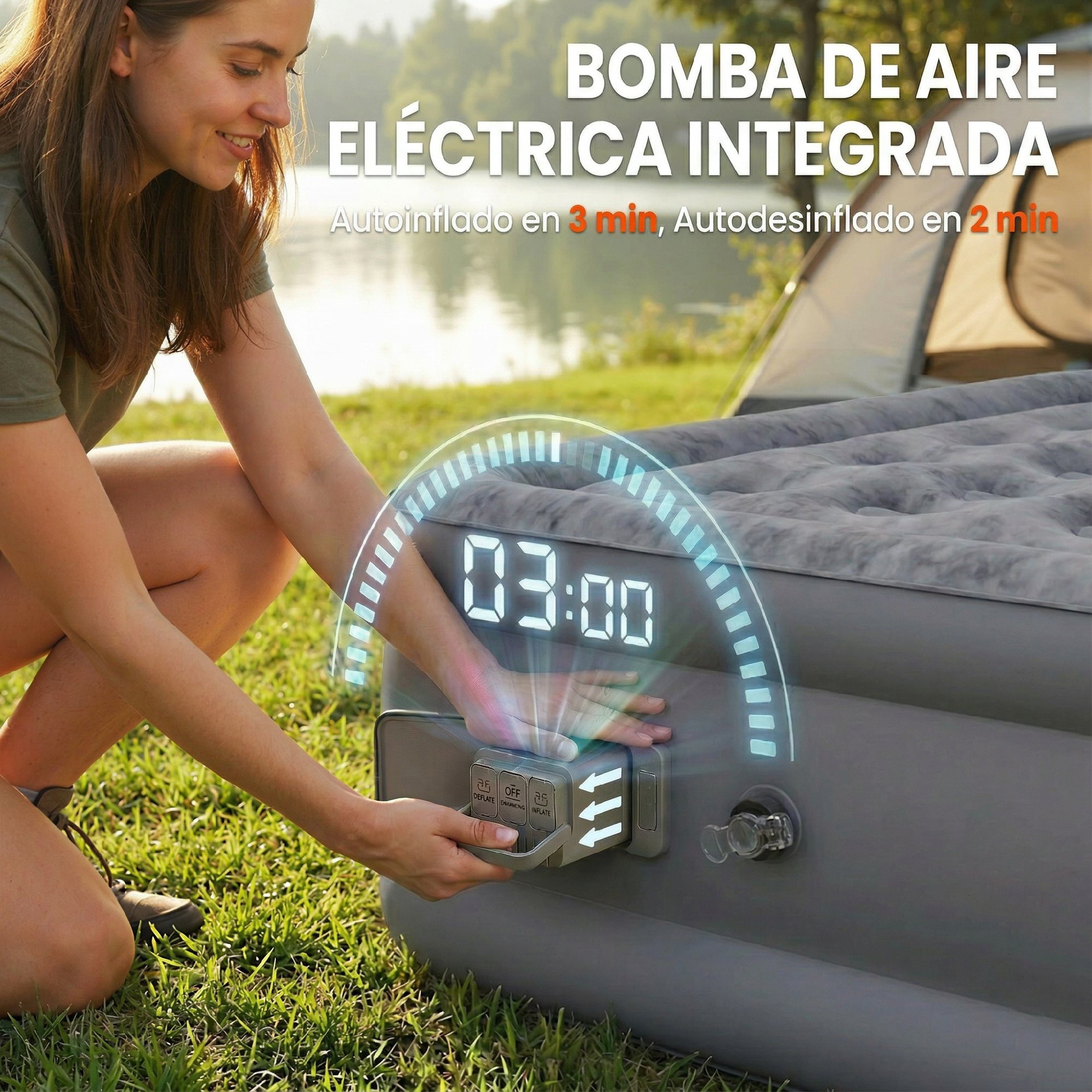 Colchón Hinchable Individual 190x97x39 cm con Bomba Integrada, Inflado 3 Min Desinflado 2 Min, Colchón Inflable Plegable Impermeable, Bolsa Transporte, Superficie Flocado, Carga 200 kg, Gris
