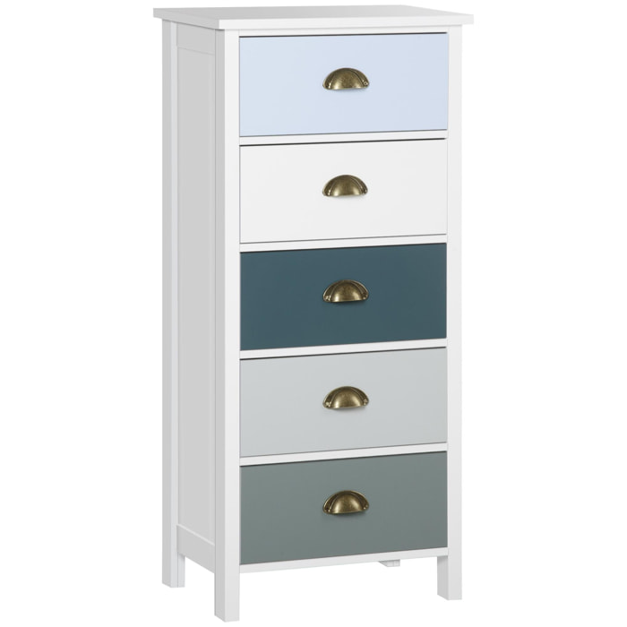 Meuble de rangement chiffonnier style néo-rétro 5 tiroirs poignées coquilles MDF blanc bleu gris