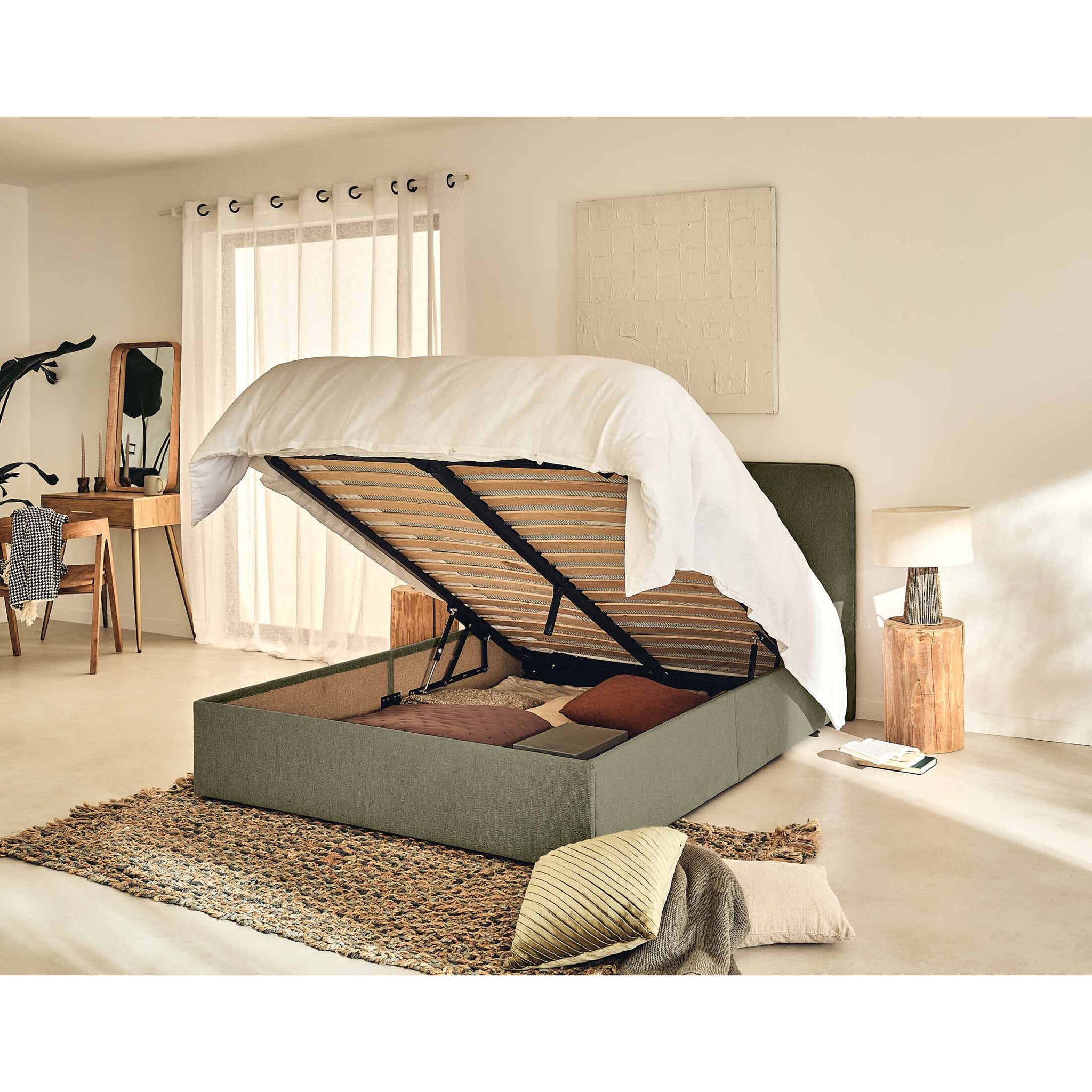 Goyave - lit coffre - 140x190 - en tissu - sommier inclus - Vert
