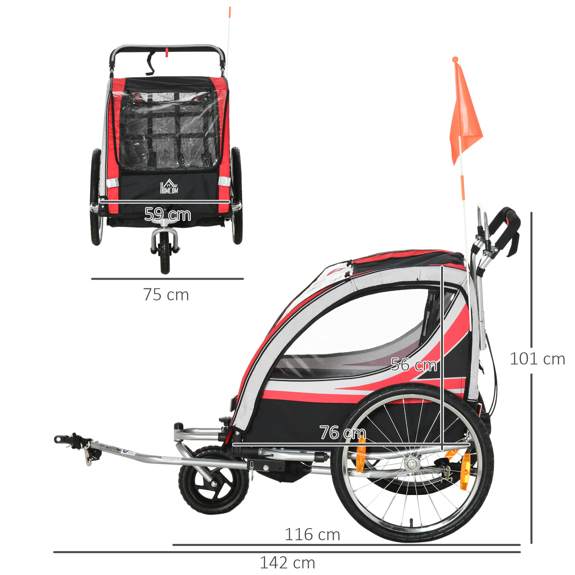 Remorque vélo jogger 2 en 1 pour enfant drapeau roue avant pivotante réflecteurs et barre d'attelage inclus rouge noir