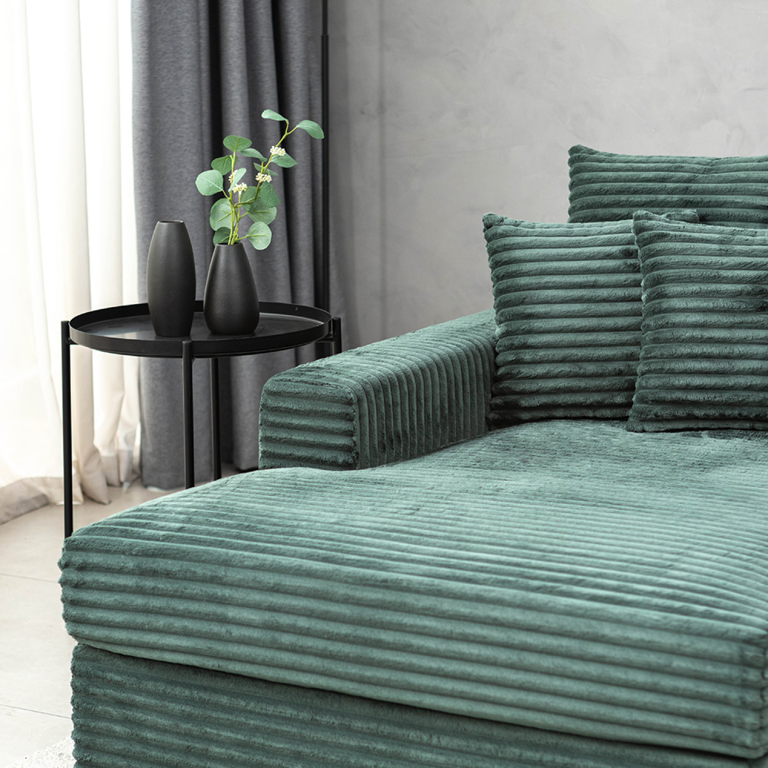 KENDARI Canapé d'angle 2/3 places assise profonde en velours côtelé vert