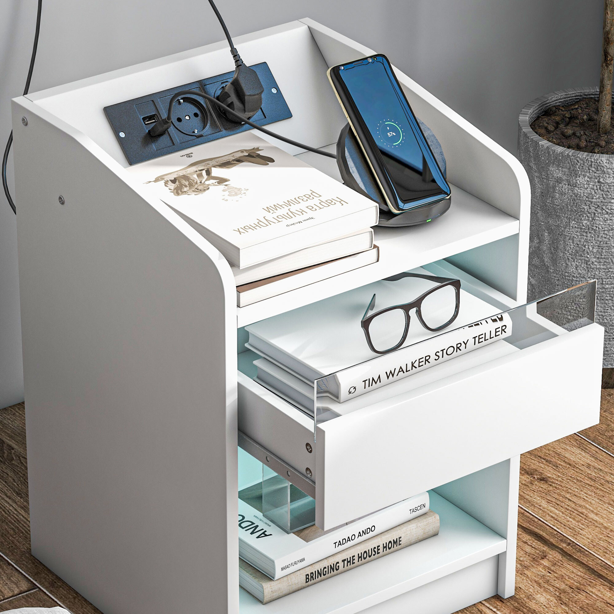 Mesita de Noche Mesilla de Noche con Luces LED Mesa de Noche con Cajón Estante Estación de Carga Puertos USB y Control Remoto 40x40x58 cm Blanco