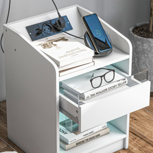 Mesita de Noche Mesilla de Noche con Luces LED Mesa de Noche con Cajón Estante Estación de Carga Puertos USB y Control Remoto 40x40x58 cm Blanco