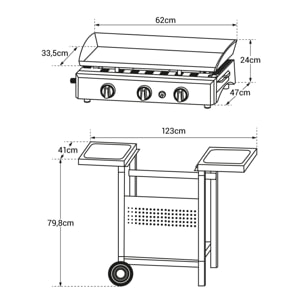 Plancha au gaz SÉVILLE - 3 brûleurs 7,5kW + chariot