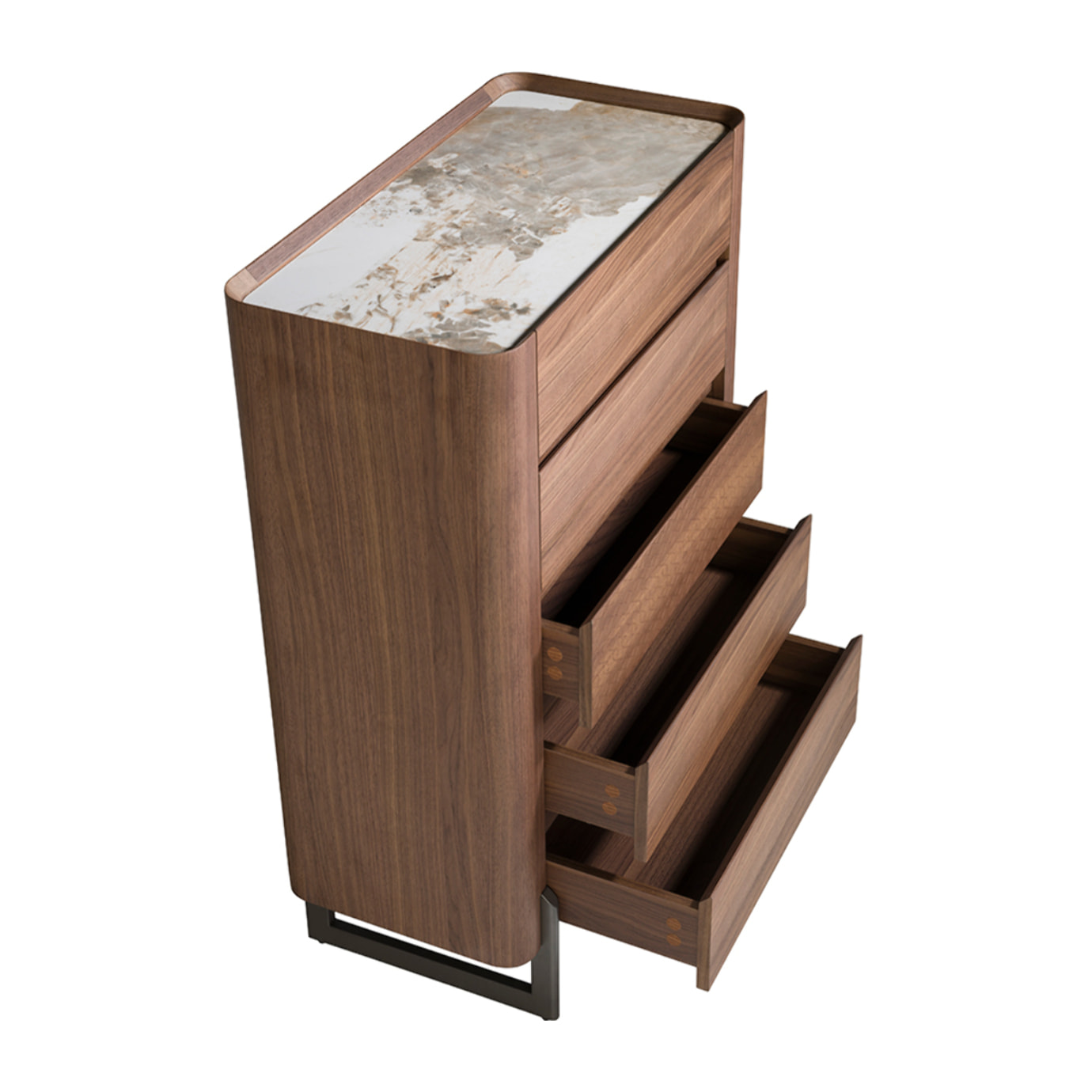 Chifonier de madera chapada en nogal natural y patas de acero inoxidable oscuro metalizado 80x40x112cm