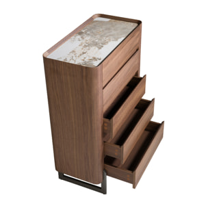 Chifonier de madera chapada en nogal natural y patas de acero inoxidable oscuro metalizado 80x40x112cm