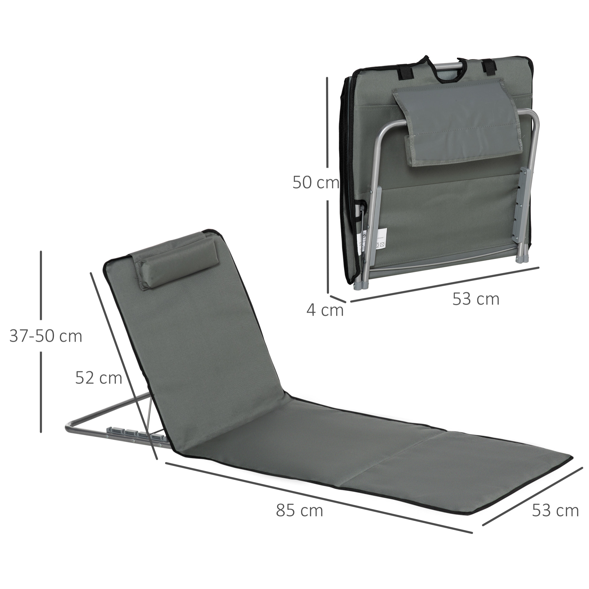Lot de 2 tapis de plage rembourrés - dossier inclinable 5 positions - sac transport inclus - acier polyester gris