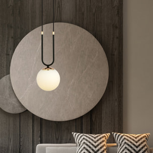 Lampada a sospensione GLAM in acciaio nero opaco e vetro opalino