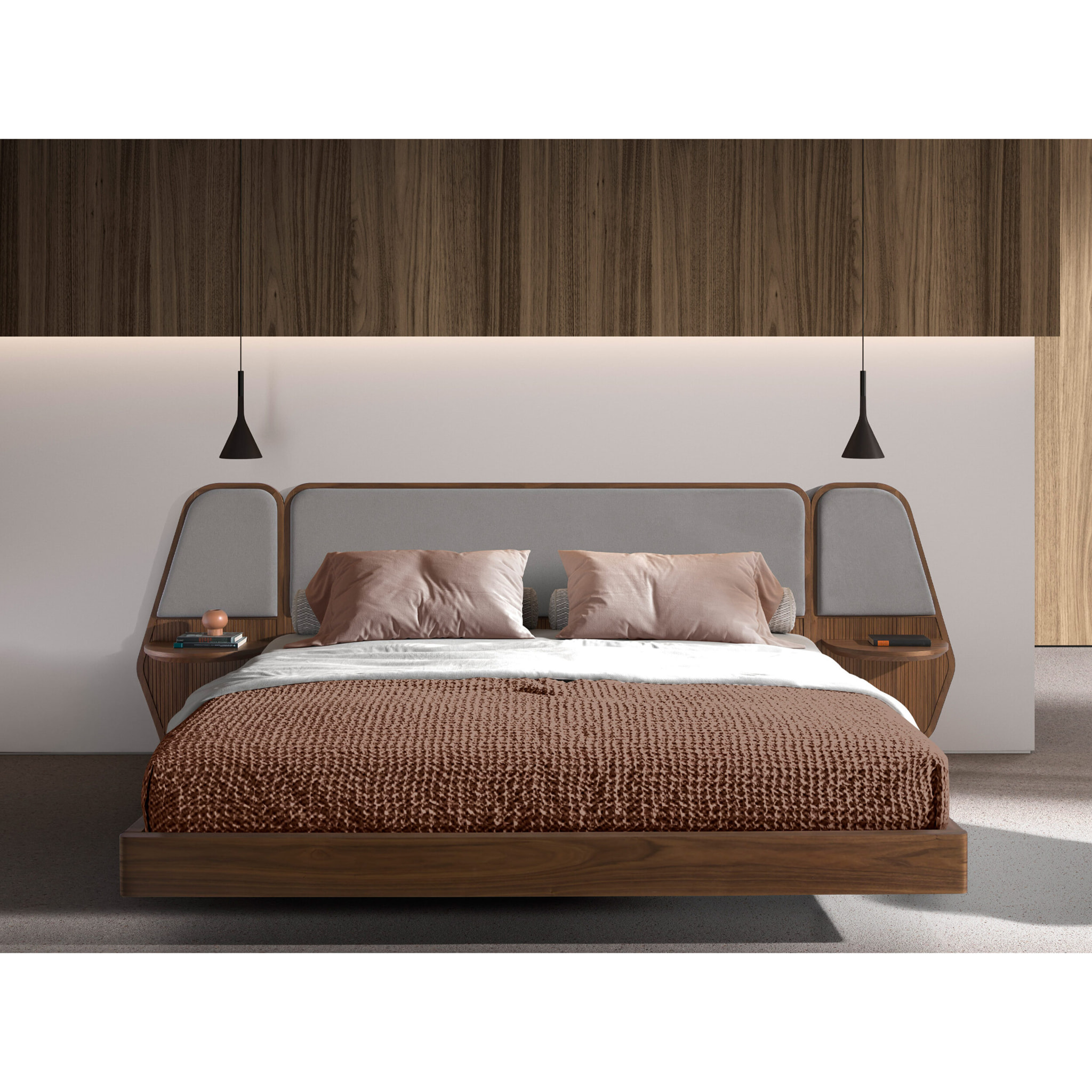 Cama Angel Cerdá de matrimonio en madera chapada en nogal natural y patas de acero inoxidable en negro 296x209x110cm