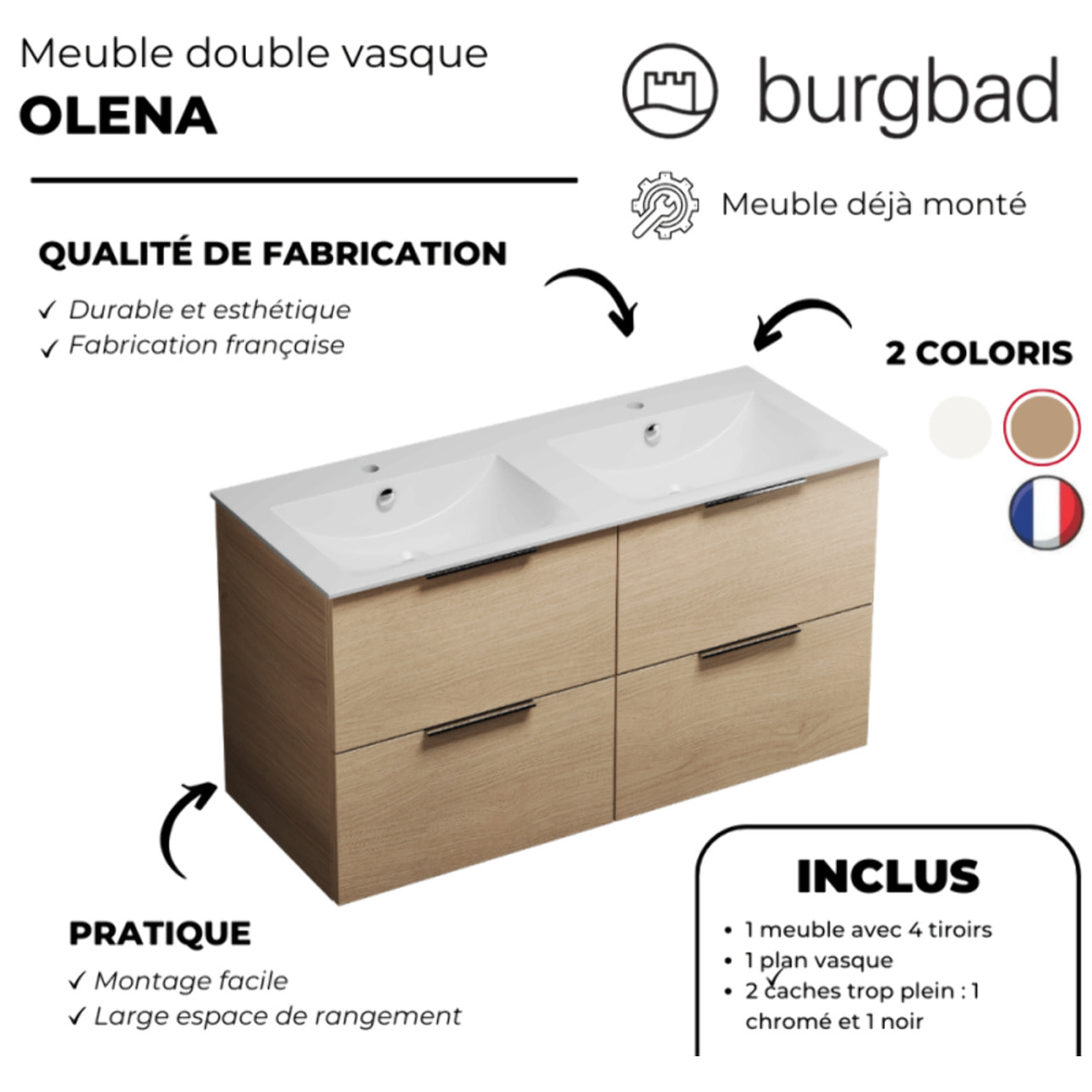 Meuble double vasque 120 cm BURGBAD Olena chêne clair + miroir + colonne