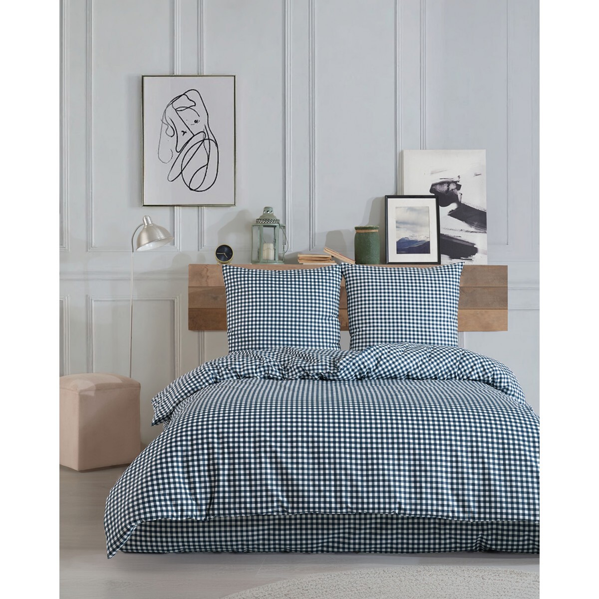 Housse de couette + taie(s) oreiller "Vichy marine" 100% coton imprimé.