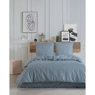 Housse de couette + taie(s) oreiller "Vichy marine" 100% coton imprimé.