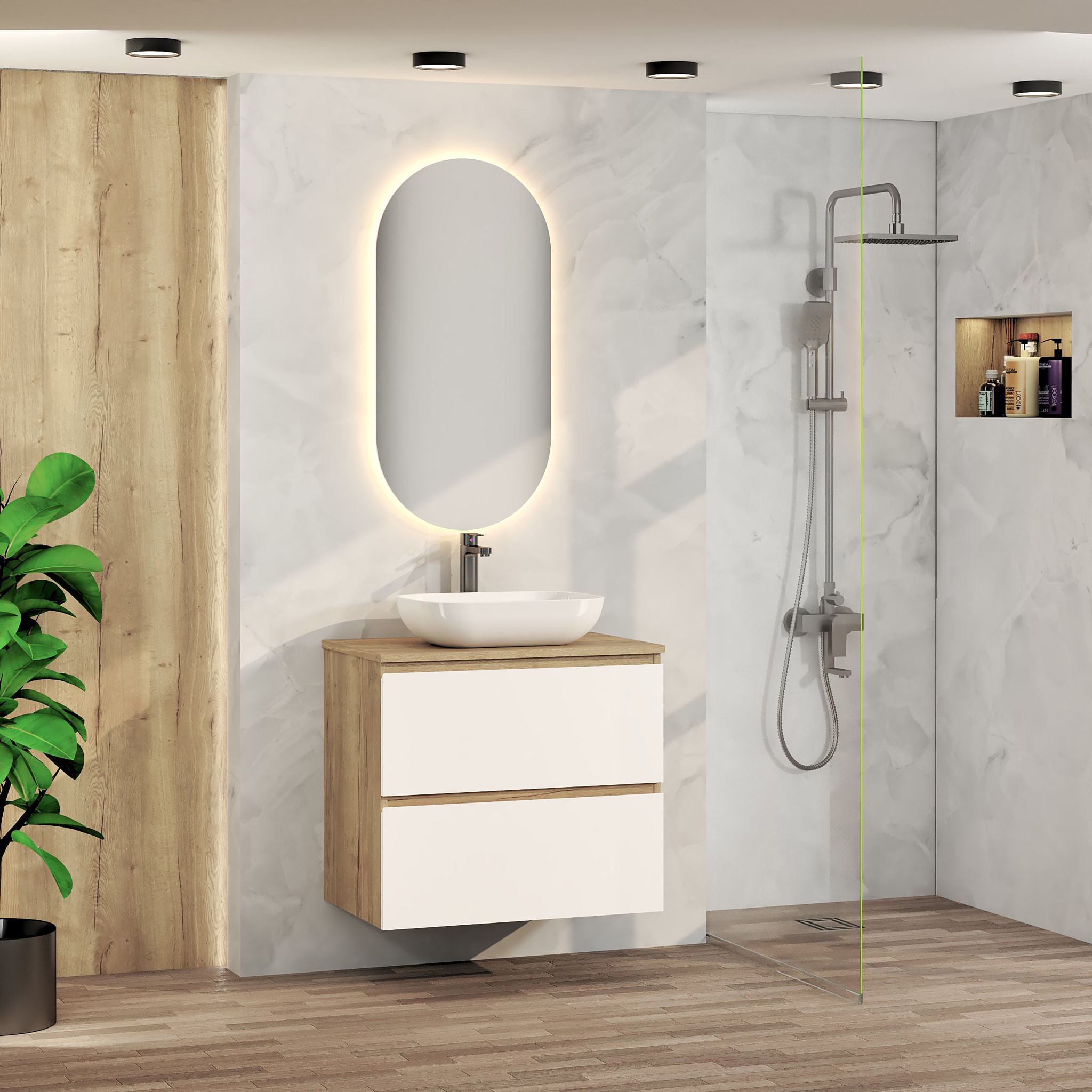 Ensemble de Salle de Bain Nia | Meuble Suspendu | 70 cm Blanc | Deux Tiroirs |Lavabo sur Plan | Miroir non inclus | Meuble Monté | Alday