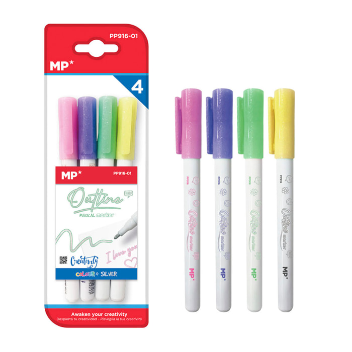 SET 4 PCS ROTULADOR MÁGICO OUT LINER DOBLE LÍNEA. Rosa, lila, verde claro y amarillo pálido.