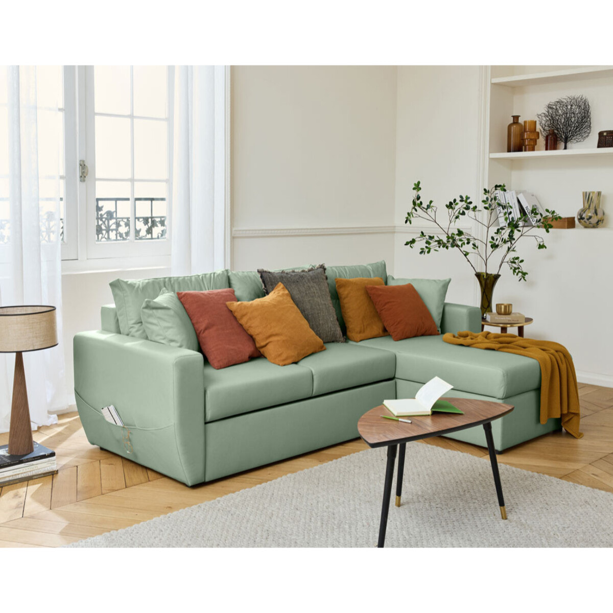 Astoria - canapé d'angle réversible 4 places - convertible avec coffre - en simili - Vert sauge