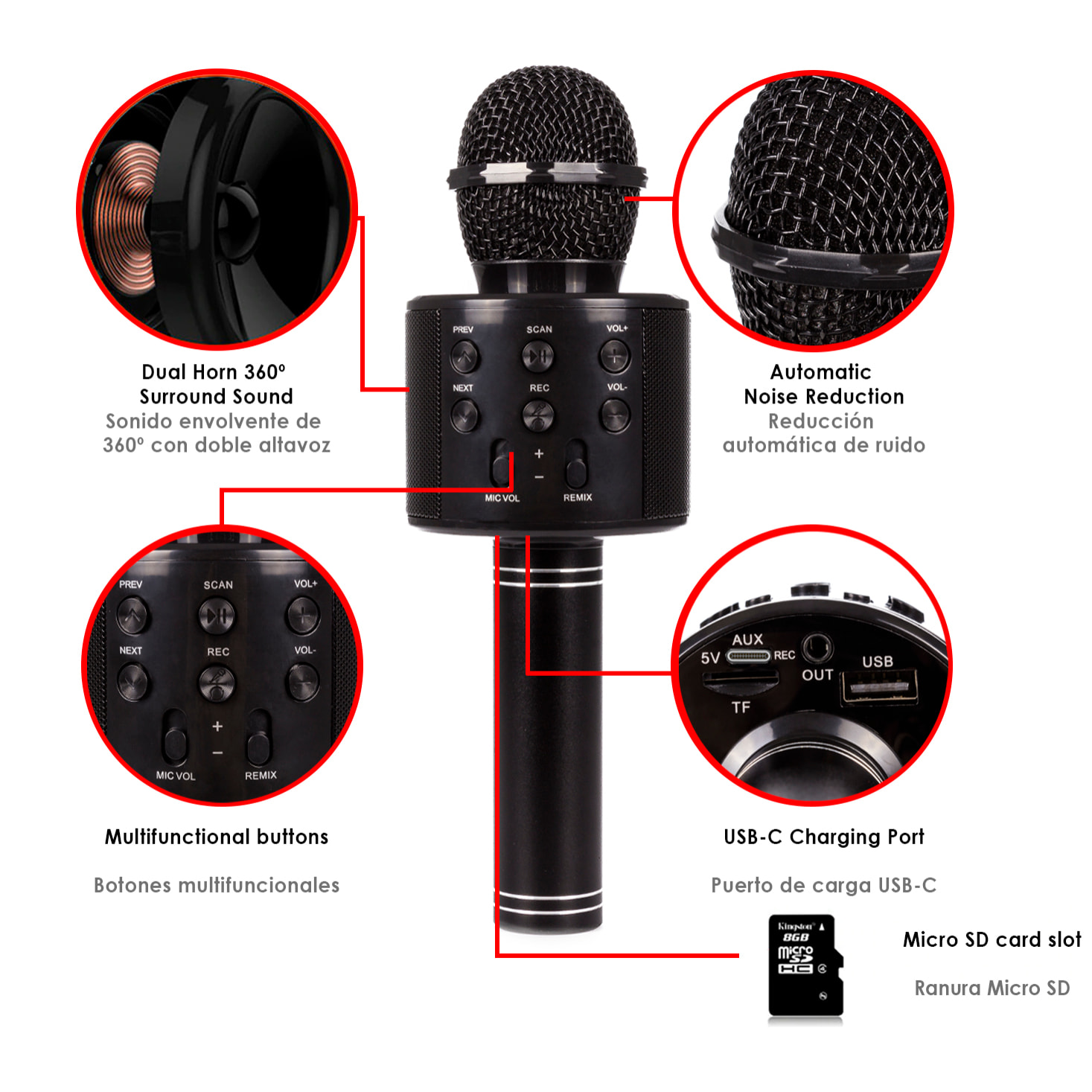 Microfono Karaoke multifunzione con luci e altoparlante integrato.