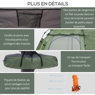 Tente pop up montage instantané - tente de camping 3-4 pers. - 2 grandes portes - dim. 2,6L x 2,6l x 1,5H m fibre verre polyester oxford vert gris