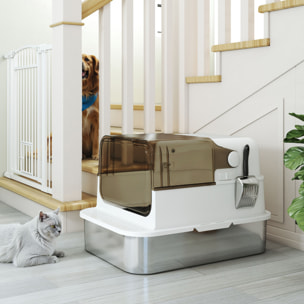 Maison de toilette bac à litière fermé acier inox - pelle, couvercle ouvrant, désodorisant - blanc fumé