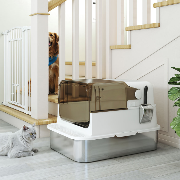 Maison de toilette bac à litière fermé acier inox - pelle, couvercle ouvrant, désodorisant - blanc fumé