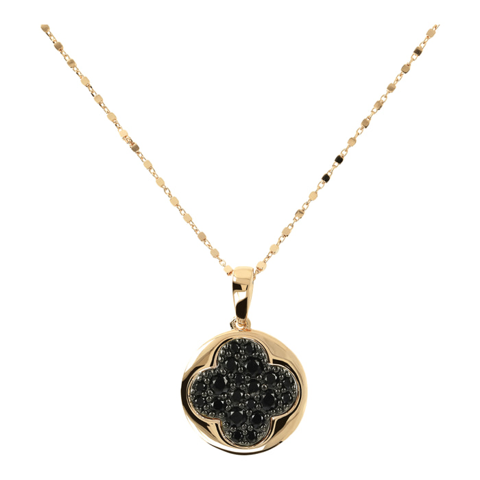 Collana Golden Lunga Catena a Cubetti e Pendente Tondo con Quadrifoglio Pavé in Spinello Nero