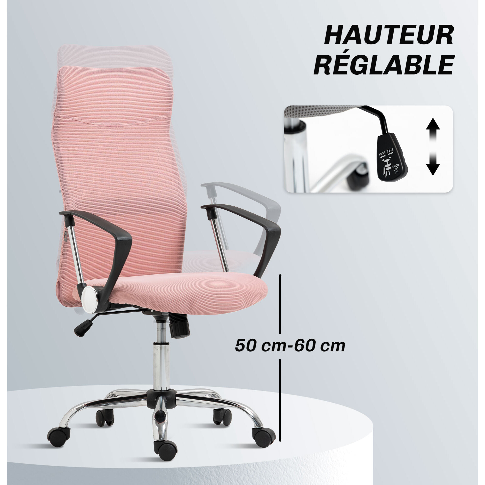 Fauteuil de bureau manager design réglable piètement acier chromé accoudoirs noir maille rose